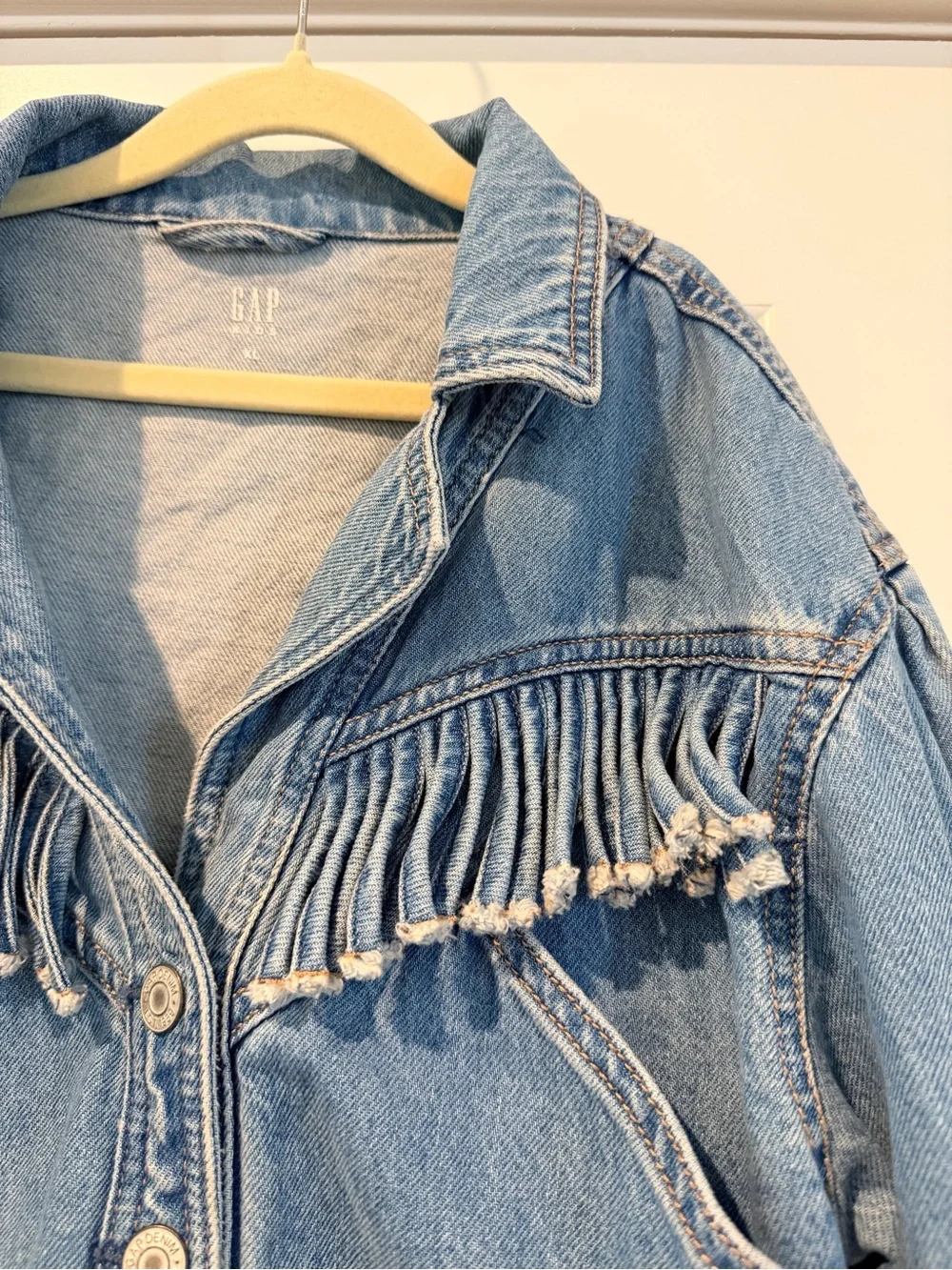 GAP Light Blue Denim Fringe Cropped Jacket